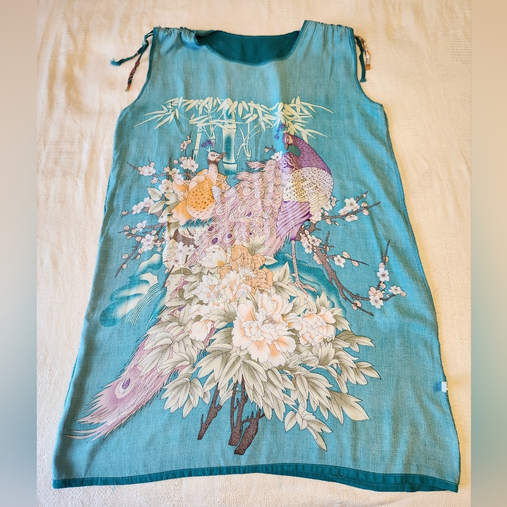 Teal Peacock Print Tunic Midi Dress🦚95% Cotton - Picture 5 of 8